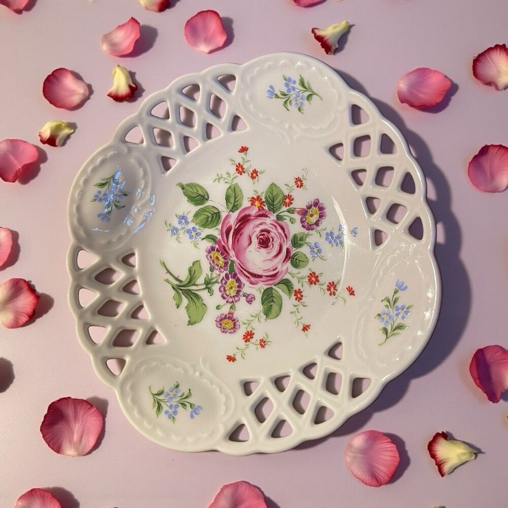 Lichte Reticulated Porcelain Bowl 6.5” Floral Pattern VTG
